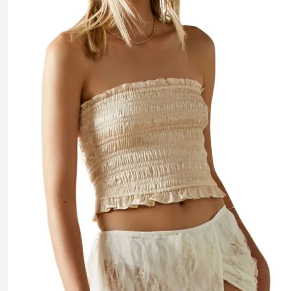 NWOT Free People Be Right Back Tube Smocked Ruffled Cream Strapless Shiny Chic - Picture 6 of 14